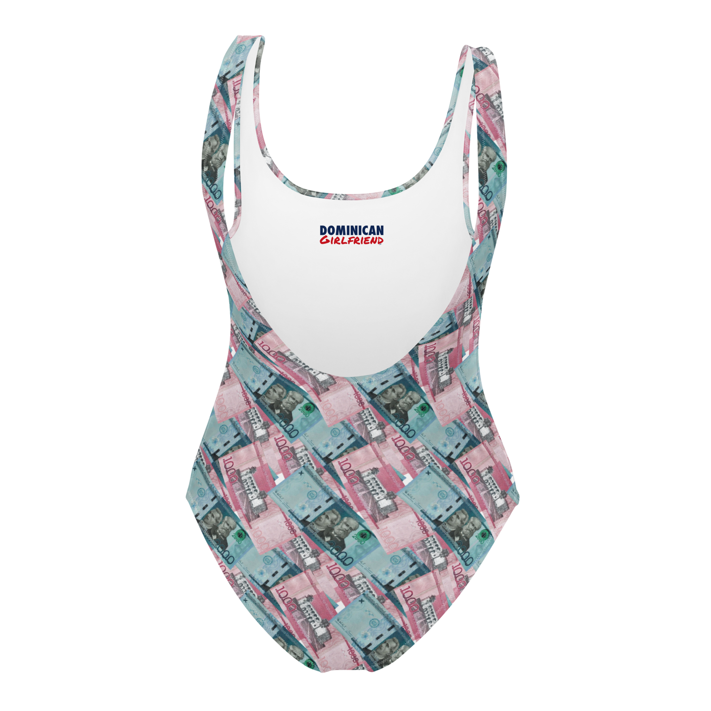 1000 y 2000 Dominican Pesos One-Piece Swimsuit - 2020 - DominicanGirlfriend.com - Frases Dominicanas - República Dominicana Lifestyle Graphic T-Shirts Streetwear & Accessories - New York - Bronx - Washington Heights - Miami - Florida - Boca Chica - USA - Dominican Clothing