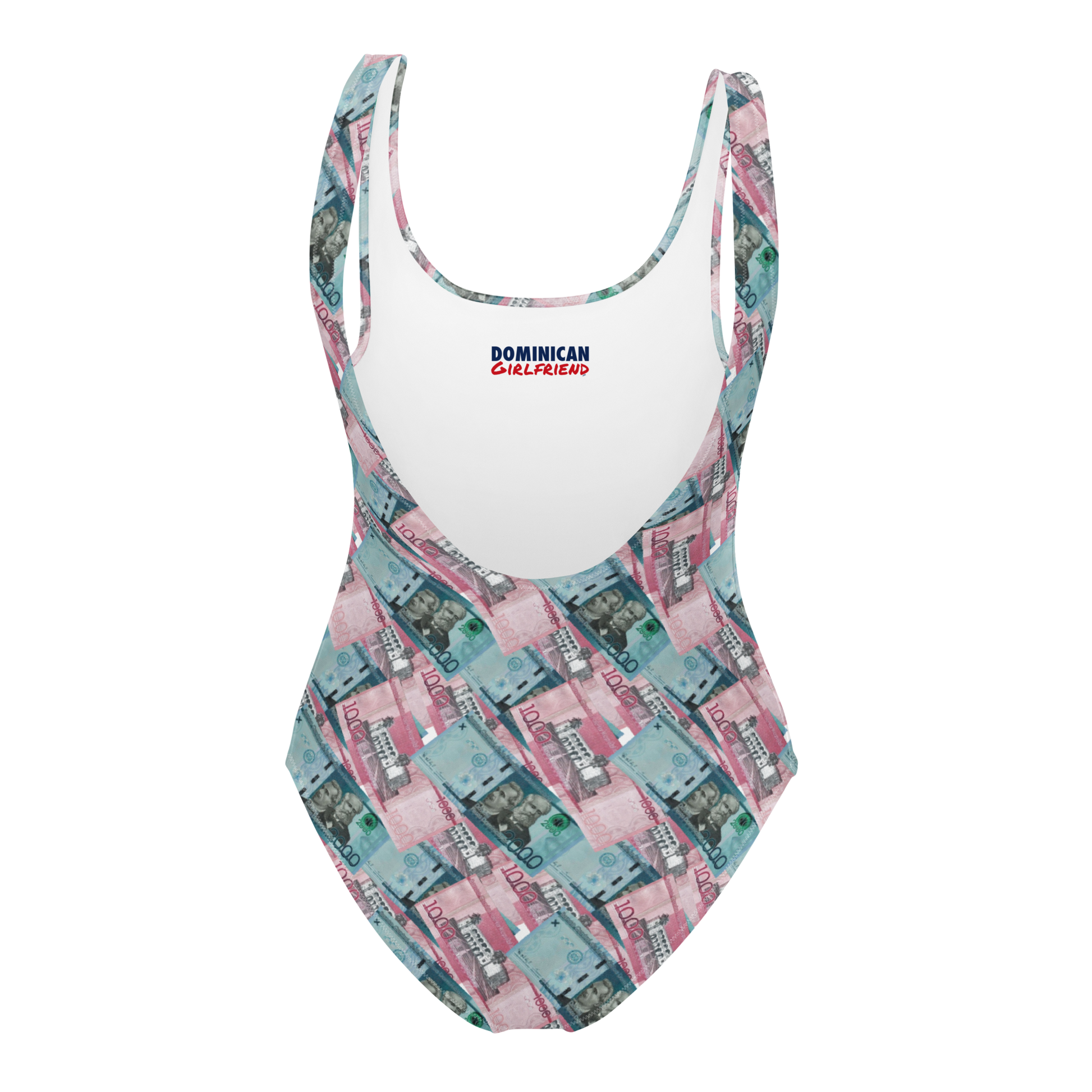 1000 y 2000 Dominican Pesos One-Piece Swimsuit  - 2020 - DominicanGirlfriend.com - Frases Dominicanas - República Dominicana Lifestyle Graphic T-Shirts Streetwear & Accessories - New York - Bronx - Washington Heights - Miami - Florida - Boca Chica - USA - Dominican Clothing