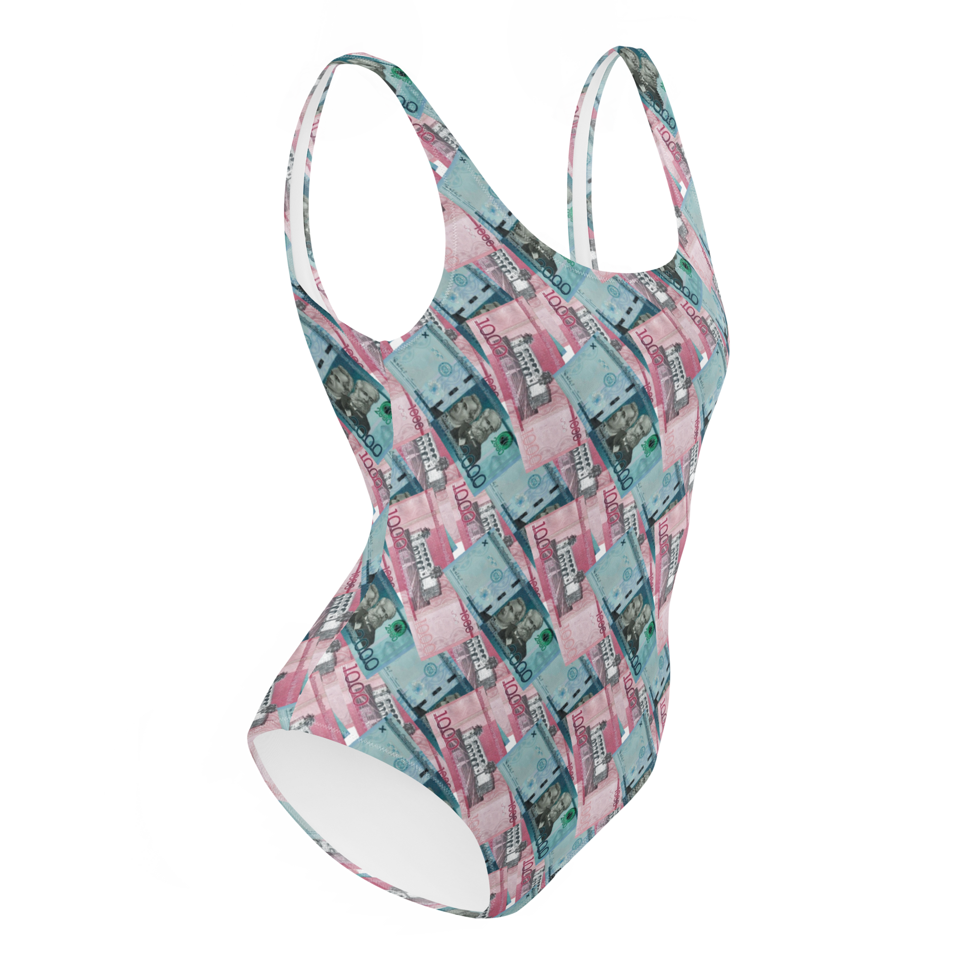 1000 y 2000 Dominican Pesos One-Piece Swimsuit  - 2020 - DominicanGirlfriend.com - Frases Dominicanas - República Dominicana Lifestyle Graphic T-Shirts Streetwear & Accessories - New York - Bronx - Washington Heights - Miami - Florida - Boca Chica - USA - Dominican Clothing