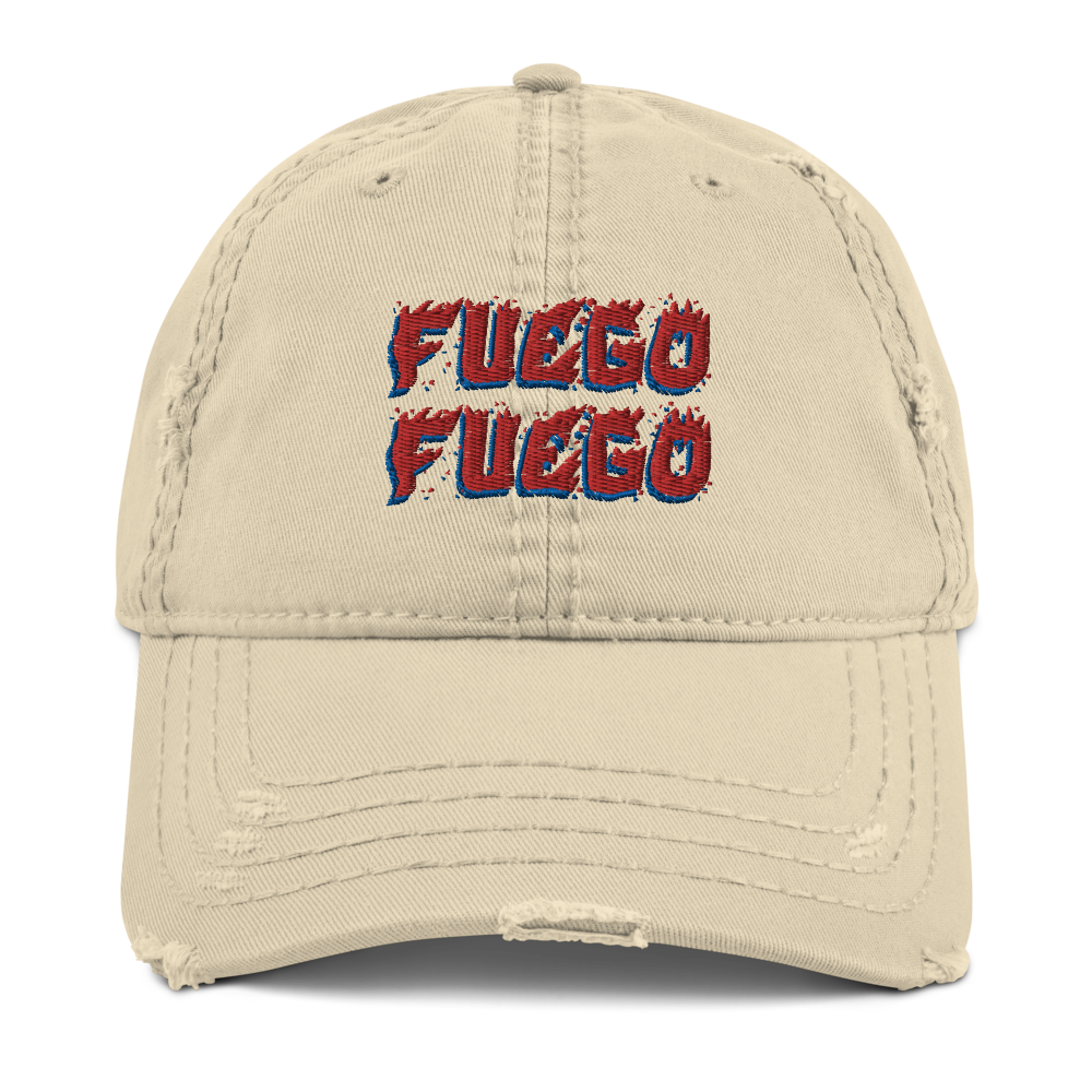 Fuego Distressed Dad Hat  - 2020 - DominicanGirlfriend.com - Frases Dominicanas - República Dominicana Lifestyle Graphic T-Shirts Streetwear & Accessories - New York - Bronx - Washington Heights - Miami - Florida - Boca Chica - USA - Dominican Clothing